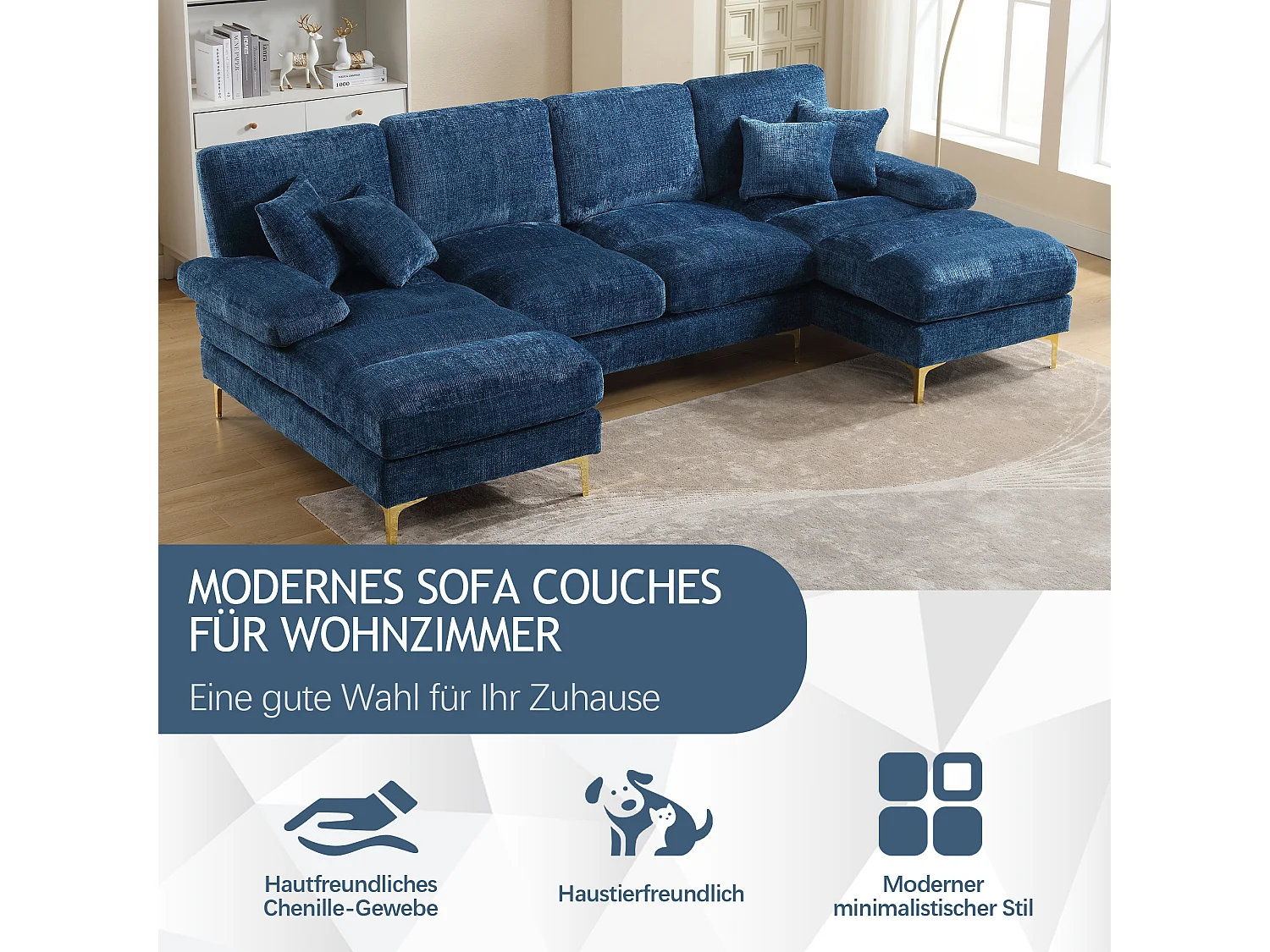 Divano moderno a U - 272 x 136 x 88 cm - con 2 sedute reclinabili per soggiorno camera da letto - Ciniglia - blu