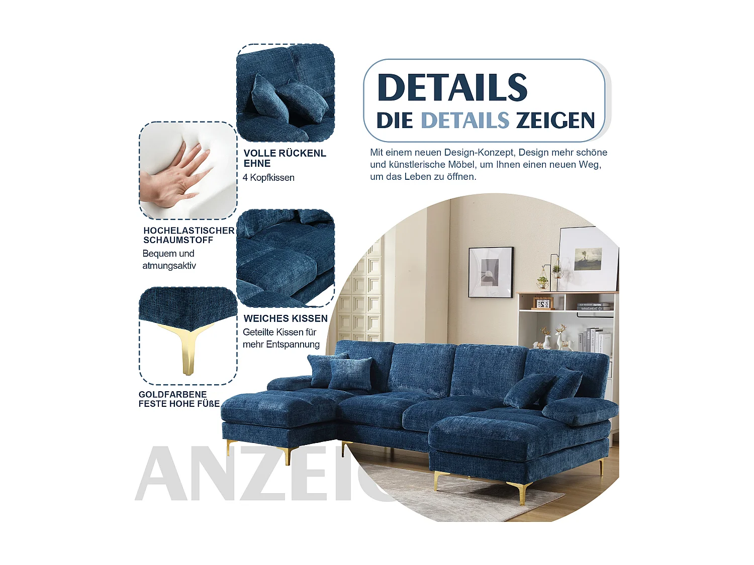 Divano moderno a U - 272 x 136 x 88 cm - con 2 sedute reclinabili per soggiorno camera da letto - Ciniglia - blu