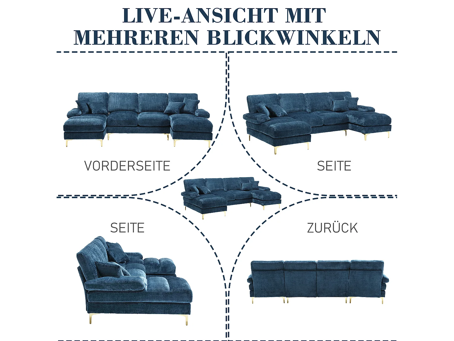 Divano moderno a U - 272 x 136 x 88 cm - con 2 sedute reclinabili per soggiorno camera da letto - Ciniglia - blu