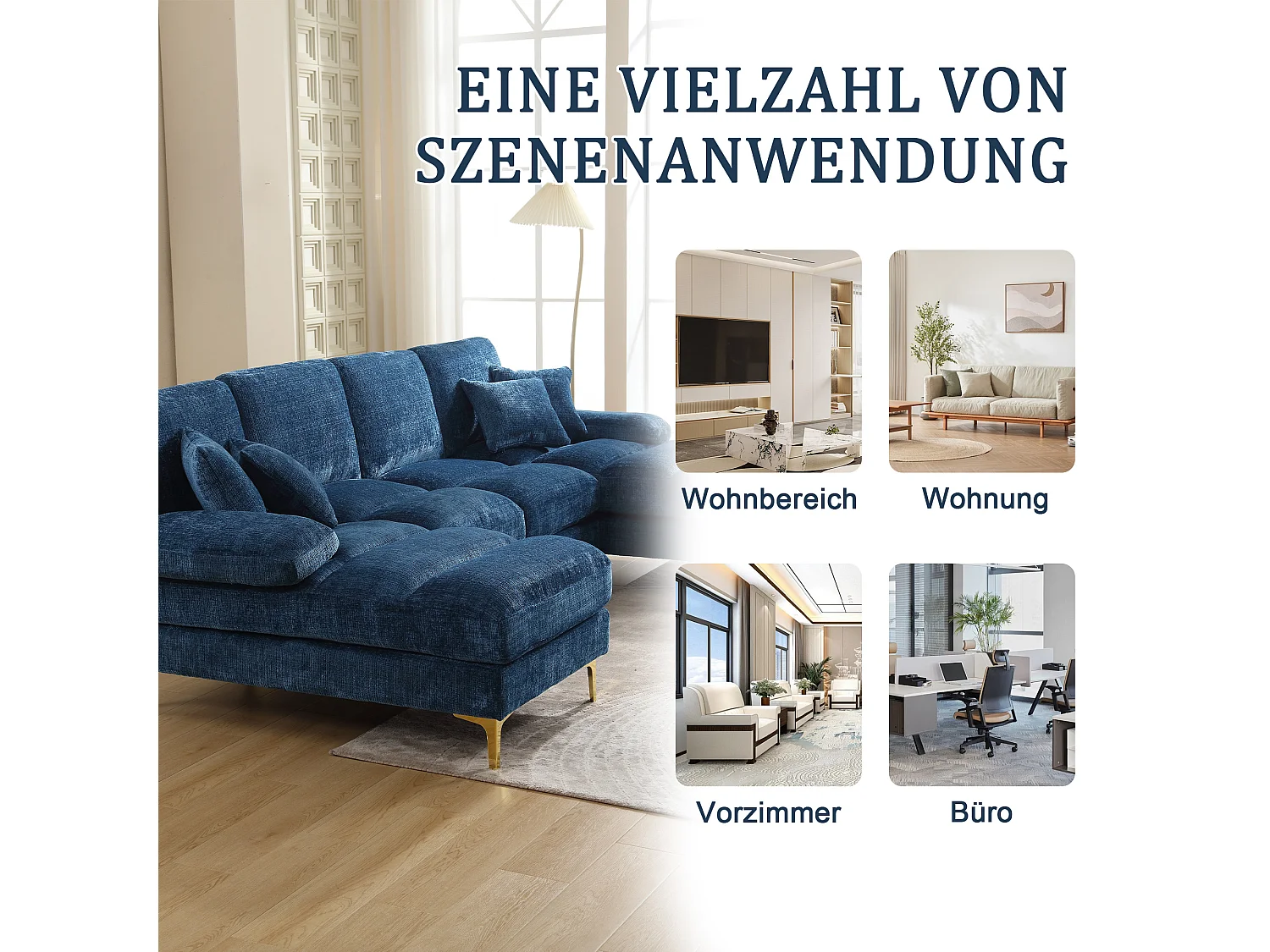 Divano moderno a U - 272 x 136 x 88 cm - con 2 sedute reclinabili per soggiorno camera da letto - Ciniglia - blu