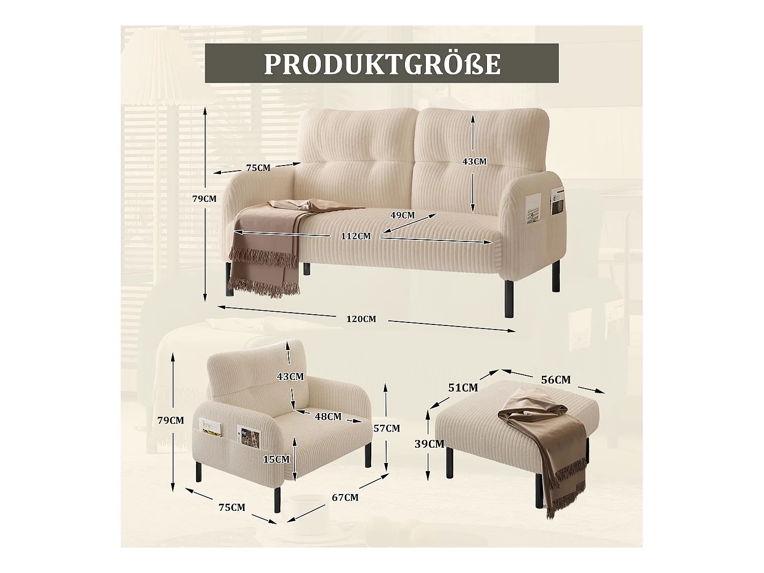 Ensemble Canapé 3 places - 120 x 75 x 79 cm - avec repose-pieds + canapé 2 places + fauteuil - Velours - beige