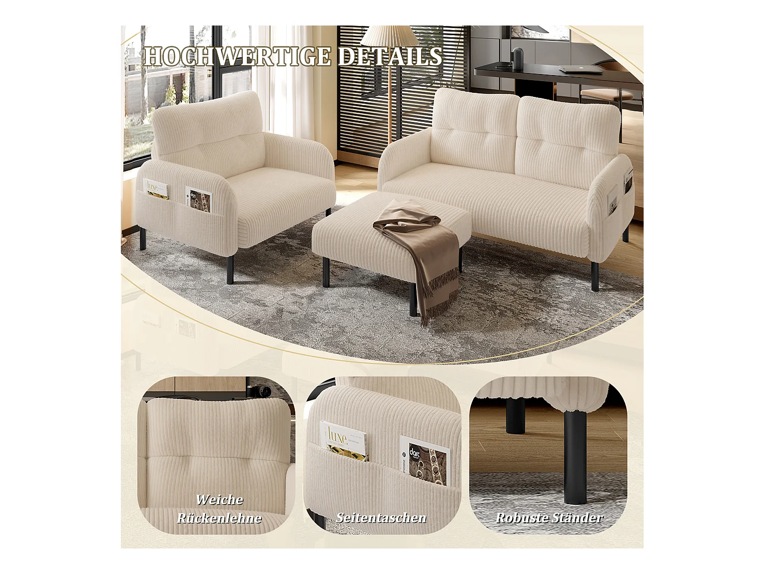 Ensemble Canapé 3 places - 120 x 75 x 79 cm - avec repose-pieds + canapé 2 places + fauteuil - Velours - beige