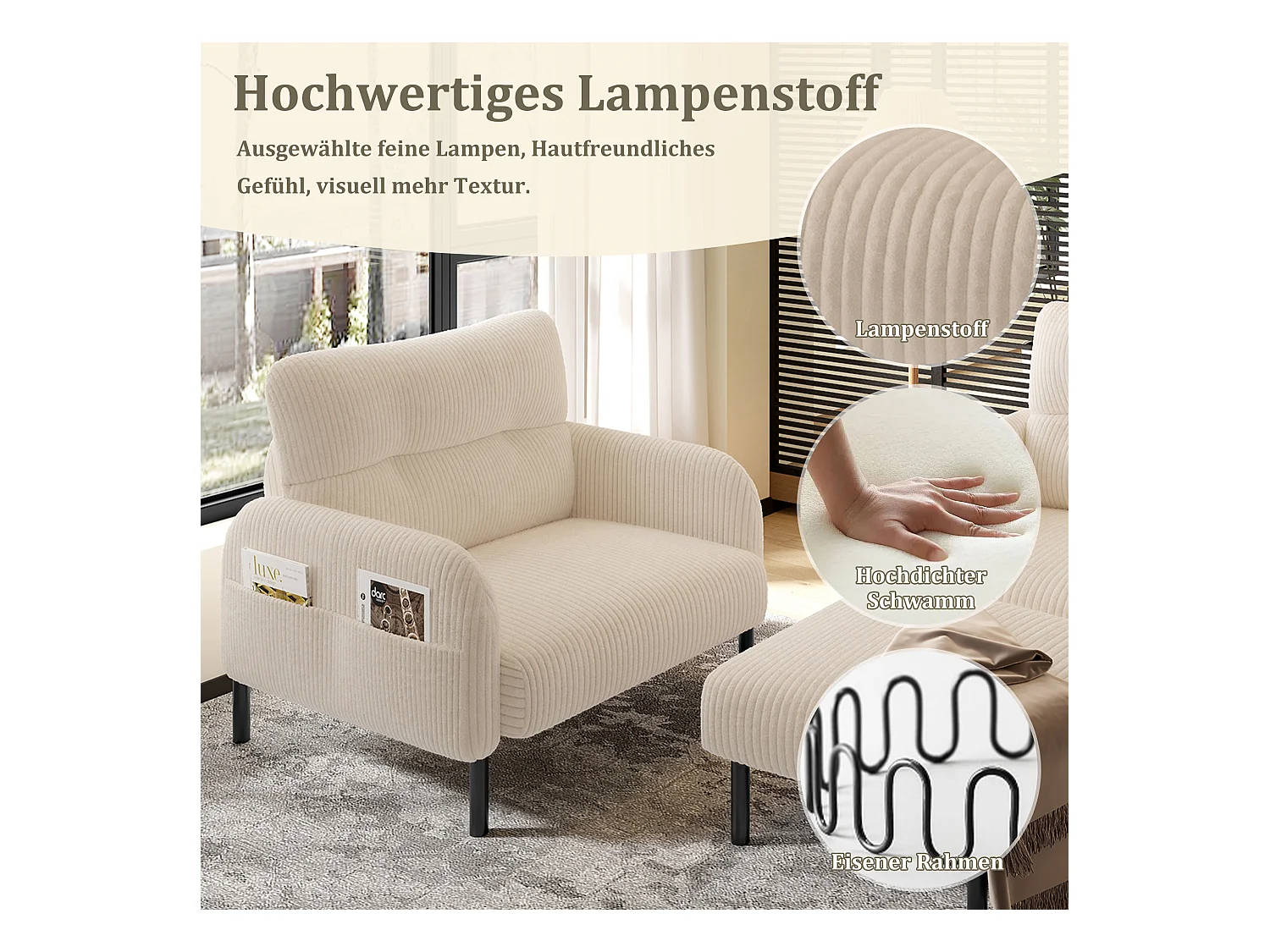 Ensemble Canapé 3 places - 120 x 75 x 79 cm - avec repose-pieds + canapé 2 places + fauteuil - Velours - beige