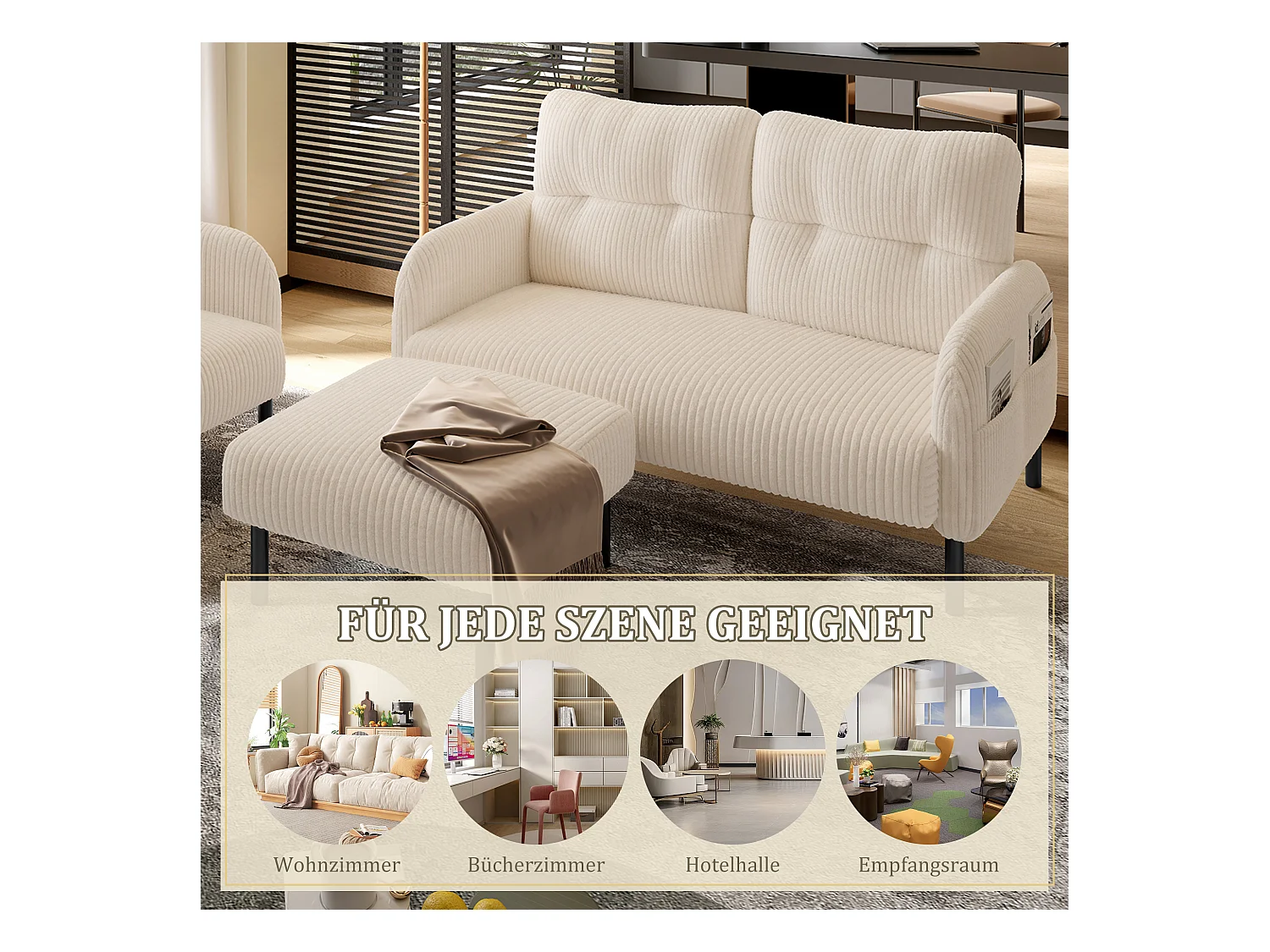 Ensemble Canapé 3 places - 120 x 75 x 79 cm - avec repose-pieds + canapé 2 places + fauteuil - Velours - beige