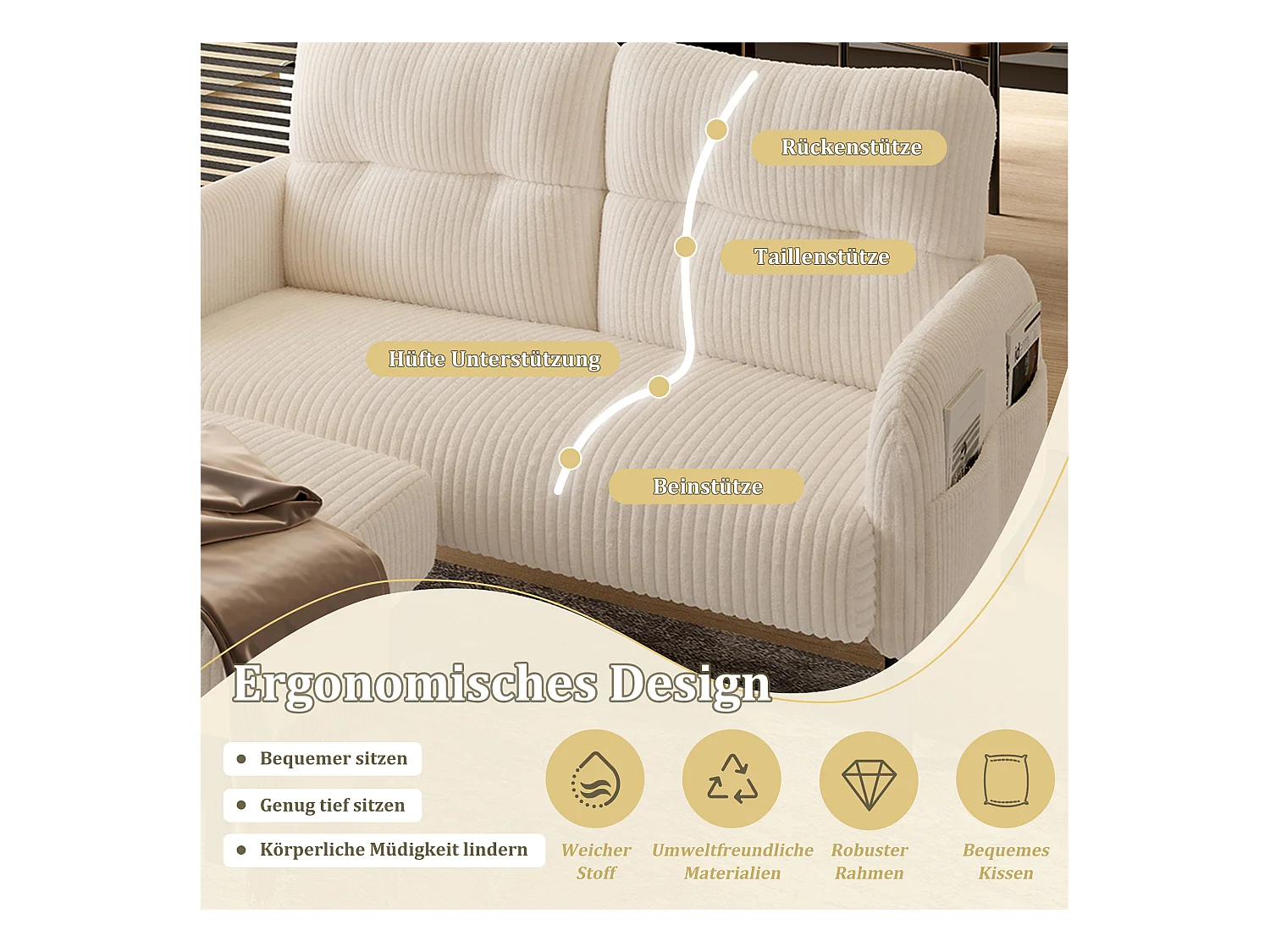 Ensemble Canapé 3 places - 120 x 75 x 79 cm - avec repose-pieds + canapé 2 places + fauteuil - Velours - beige