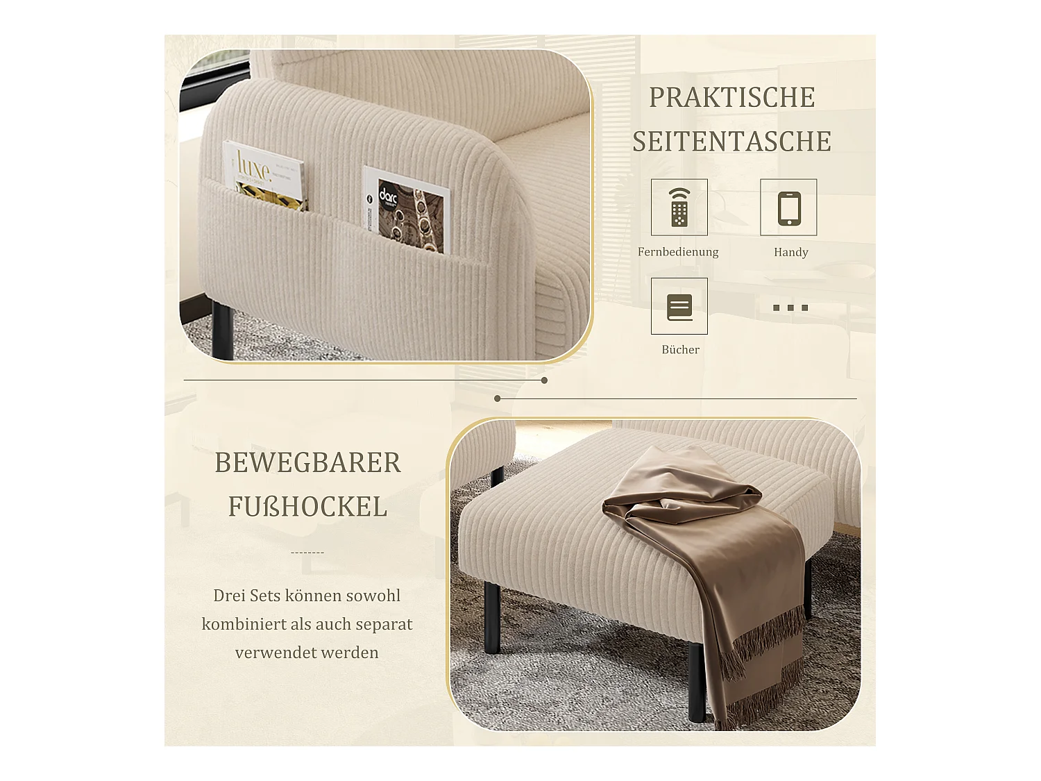 Ensemble Canapé 3 places - 120 x 75 x 79 cm - avec repose-pieds + canapé 2 places + fauteuil - Velours - beige