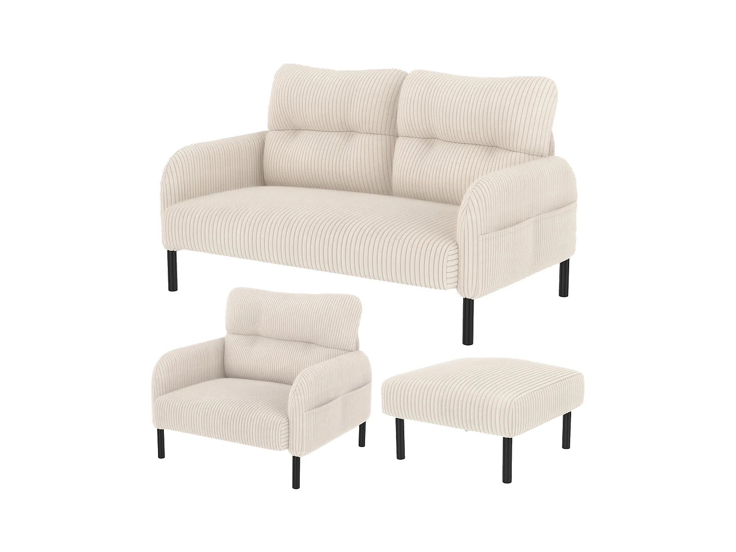 Ensemble Canapé 3 places - 120 x 75 x 79 cm - avec repose-pieds + canapé 2 places + fauteuil - Velours - beige