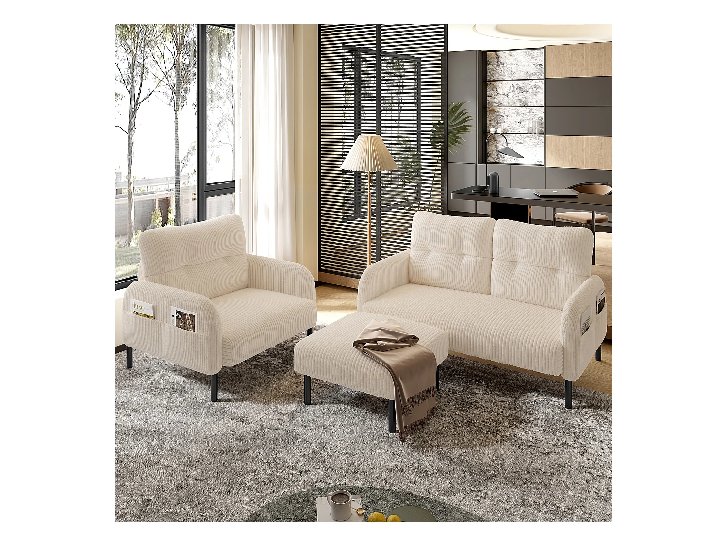 3-zits bankstel - 120 x 75 x 79 cm - met voetenbank + 2-zitsbank + fauteuil - Fluweel - beige