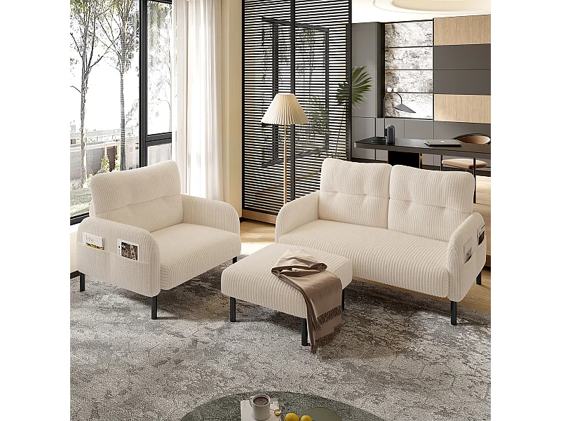 Ensemble Canapé 3 places - 120 x 75 x 79 cm - avec repose-pieds + canapé 2 places + fauteuil - Velours - beige