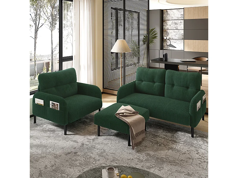 3er-Sofagarnitur - 120 x 75 x 79 cm - mit Fußhocker + 2er-Sofa + Sessel - Samt - grün