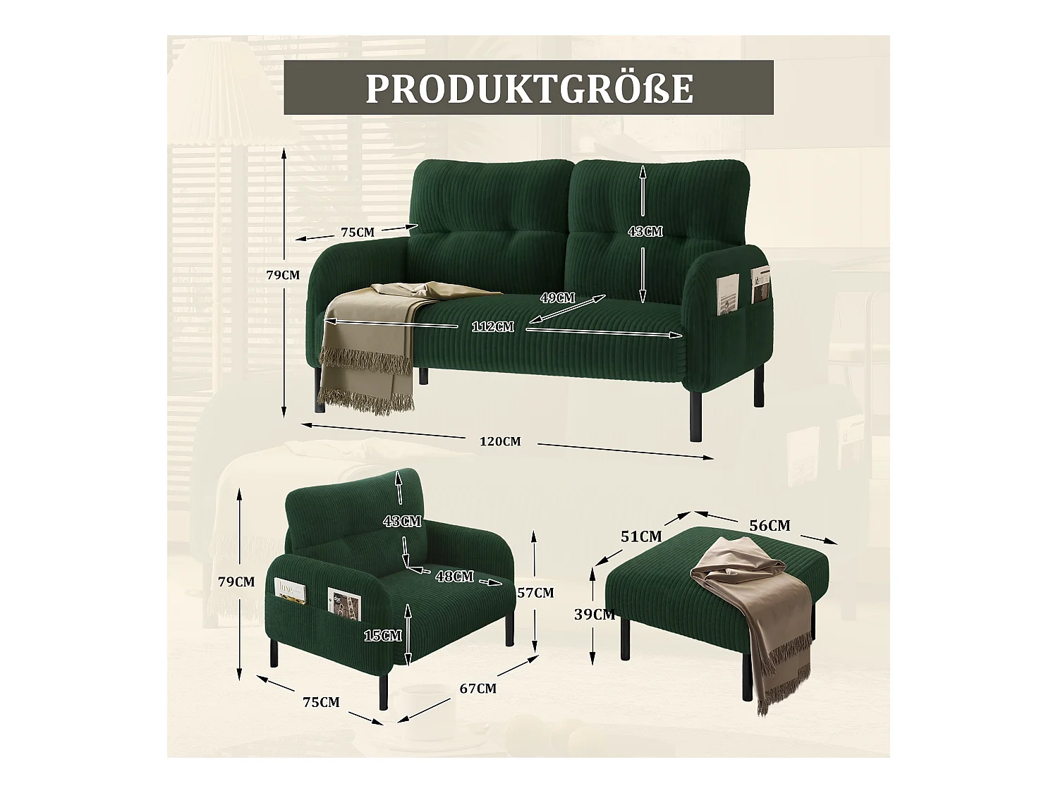 Ensemble Canapé 3 places - 120 x 75 x 79 cm - avec repose-pieds + canapé 2 places + fauteuil - Velours - vert