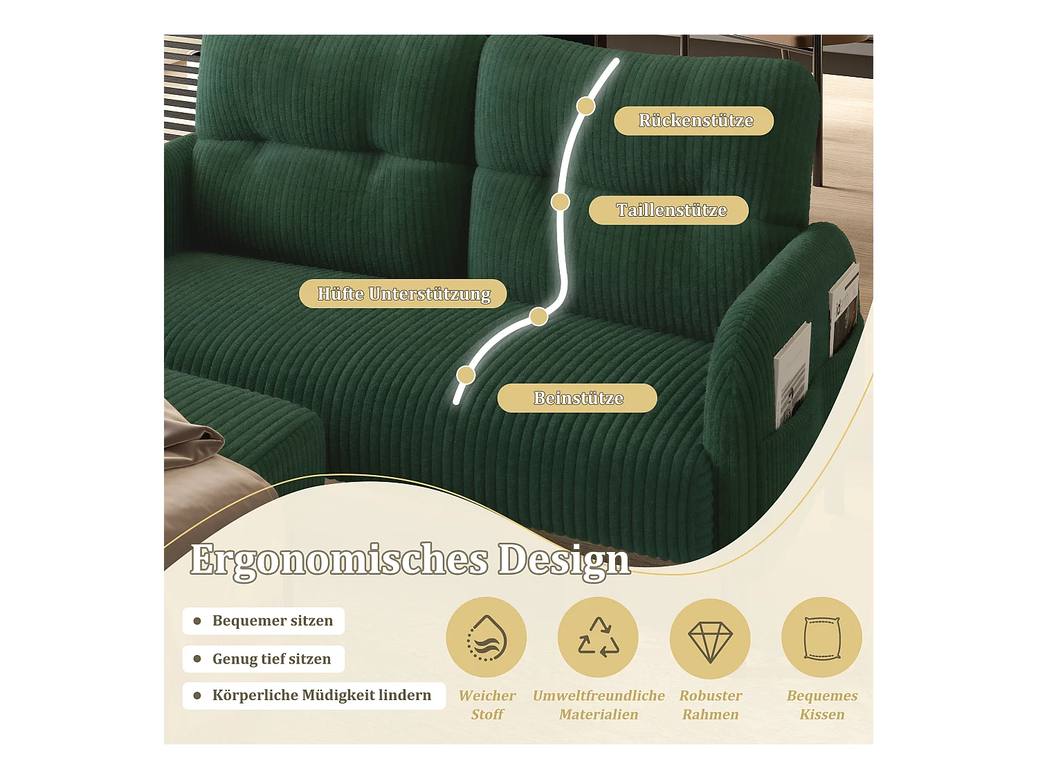 Ensemble Canapé 3 places - 120 x 75 x 79 cm - avec repose-pieds + canapé 2 places + fauteuil - Velours - vert