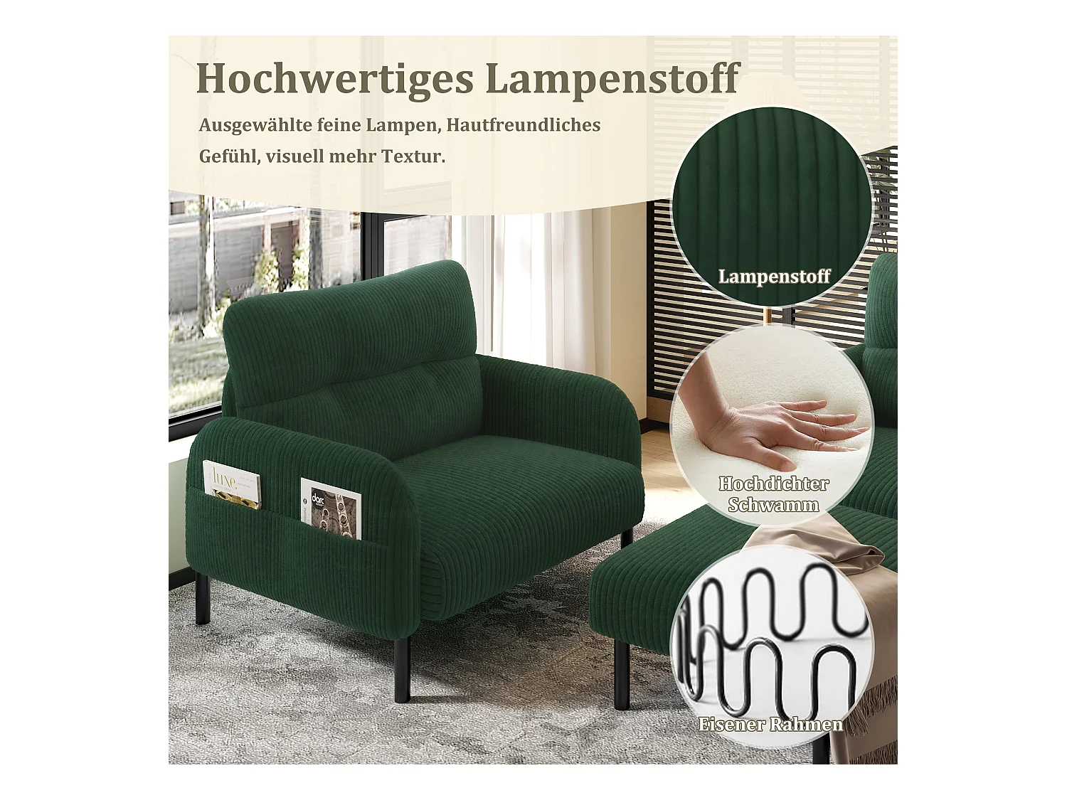 Ensemble Canapé 3 places - 120 x 75 x 79 cm - avec repose-pieds + canapé 2 places + fauteuil - Velours - vert