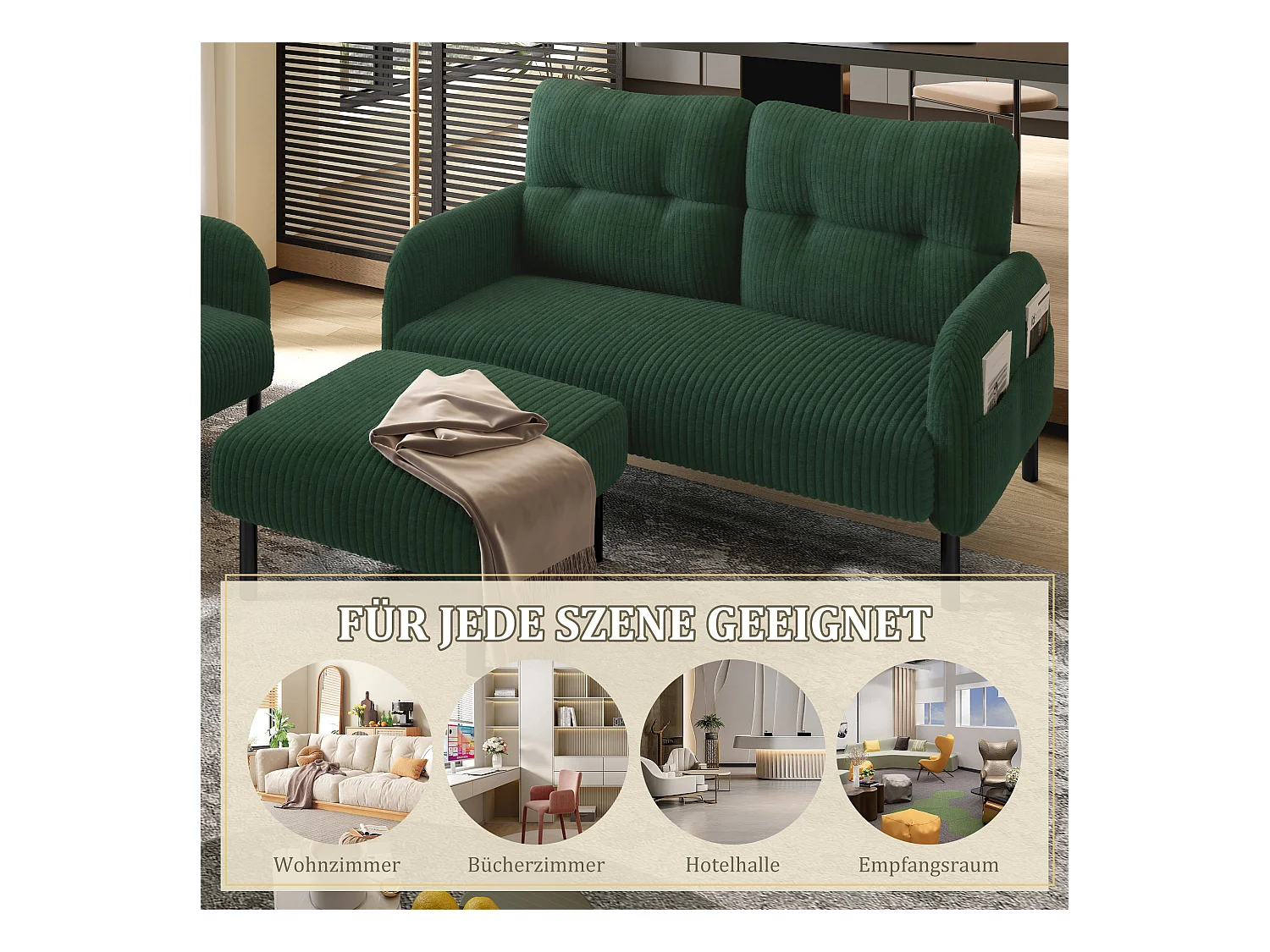 Ensemble Canapé 3 places - 120 x 75 x 79 cm - avec repose-pieds + canapé 2 places + fauteuil - Velours - vert