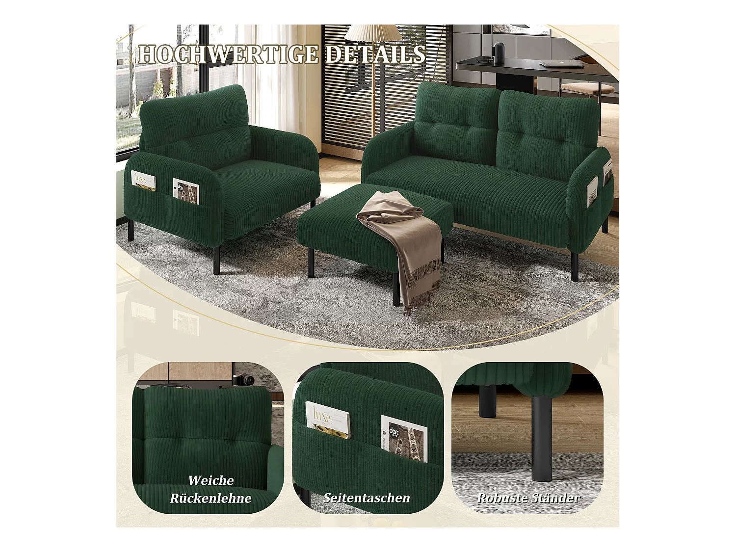 Ensemble Canapé 3 places - 120 x 75 x 79 cm - avec repose-pieds + canapé 2 places + fauteuil - Velours - vert