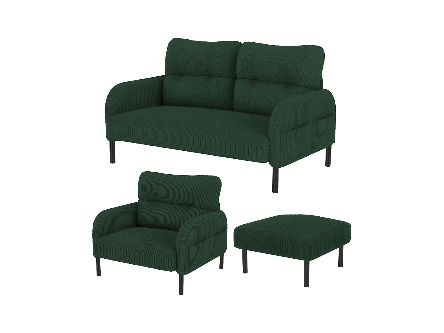 Ensemble Canapé 3 places - 120 x 75 x 79 cm - avec repose-pieds + canapé 2 places + fauteuil - Velours - vert