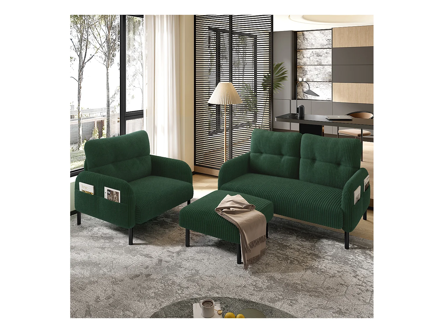 3-zits bankstel - 120 x 75 x 79 cm - met voetenbank + 2-zitsbank + fauteuil - Fluweel - groen