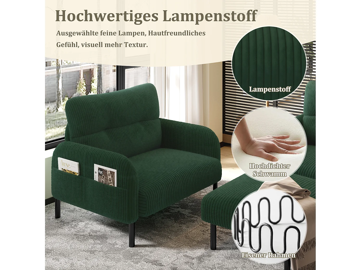 Ensemble Canapé 3 places - 120 x 75 x 79 cm - avec repose-pieds + canapé 2 places + fauteuil - Velours - vert