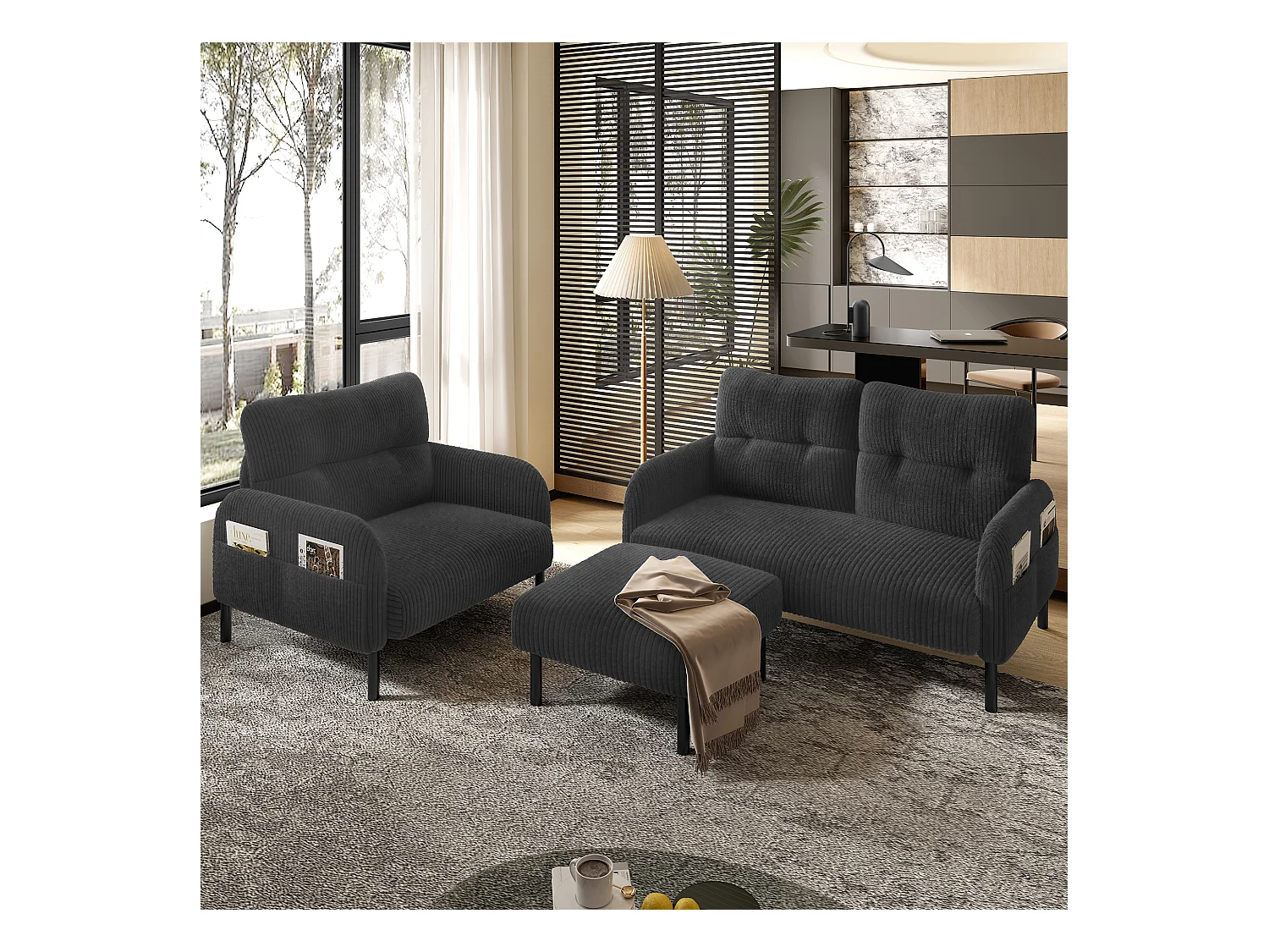 Ensemble Canapé 3 places - 120 x 75 x 79 cm - avec repose-pieds + canapé 2 places + fauteuil - Velours - gris