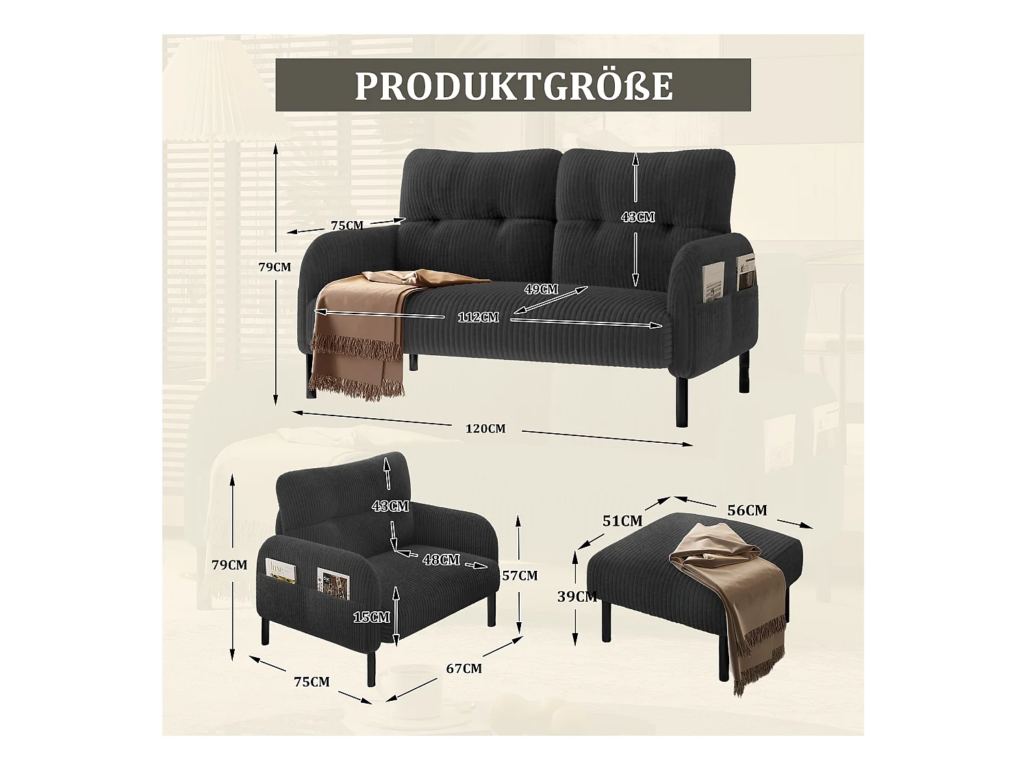 Ensemble Canapé 3 places - 120 x 75 x 79 cm - avec repose-pieds + canapé 2 places + fauteuil - Velours - gris