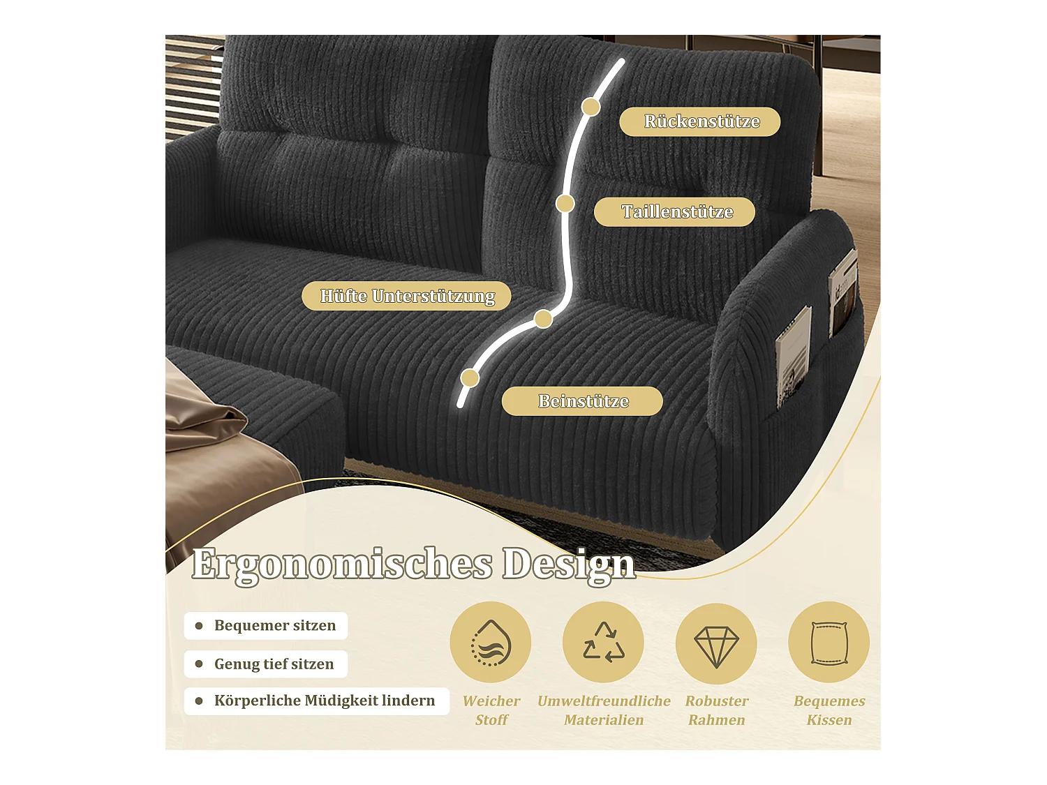 Ensemble Canapé 3 places - 120 x 75 x 79 cm - avec repose-pieds + canapé 2 places + fauteuil - Velours - gris