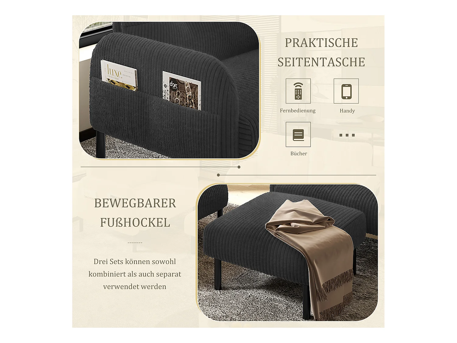 Ensemble Canapé 3 places - 120 x 75 x 79 cm - avec repose-pieds + canapé 2 places + fauteuil - Velours - gris