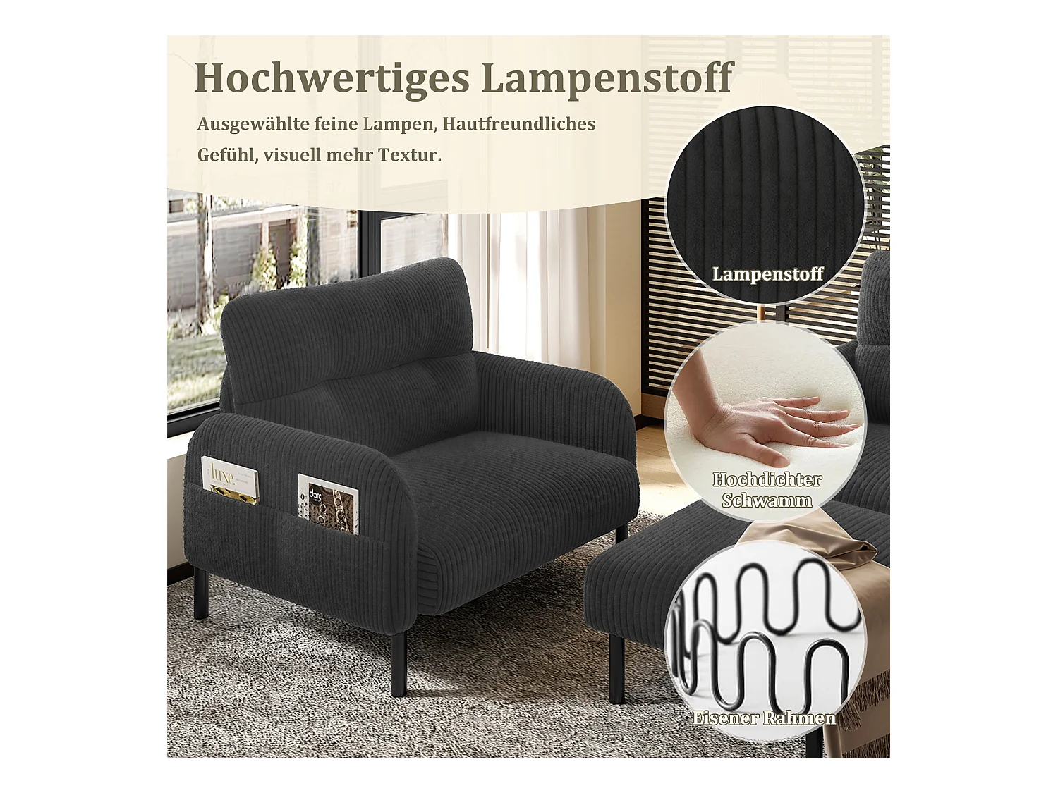 Ensemble Canapé 3 places - 120 x 75 x 79 cm - avec repose-pieds + canapé 2 places + fauteuil - Velours - gris