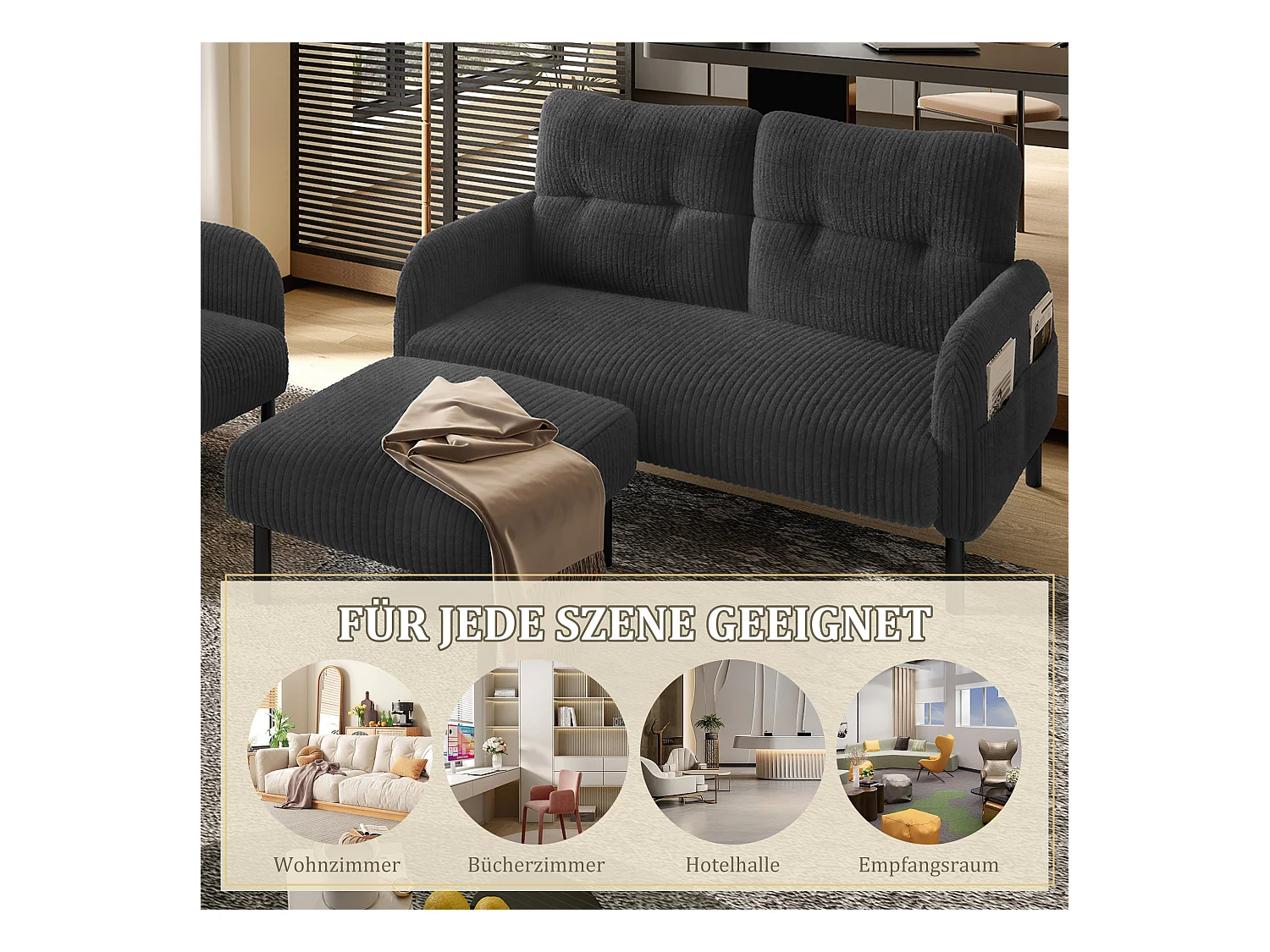 Ensemble Canapé 3 places - 120 x 75 x 79 cm - avec repose-pieds + canapé 2 places + fauteuil - Velours - gris