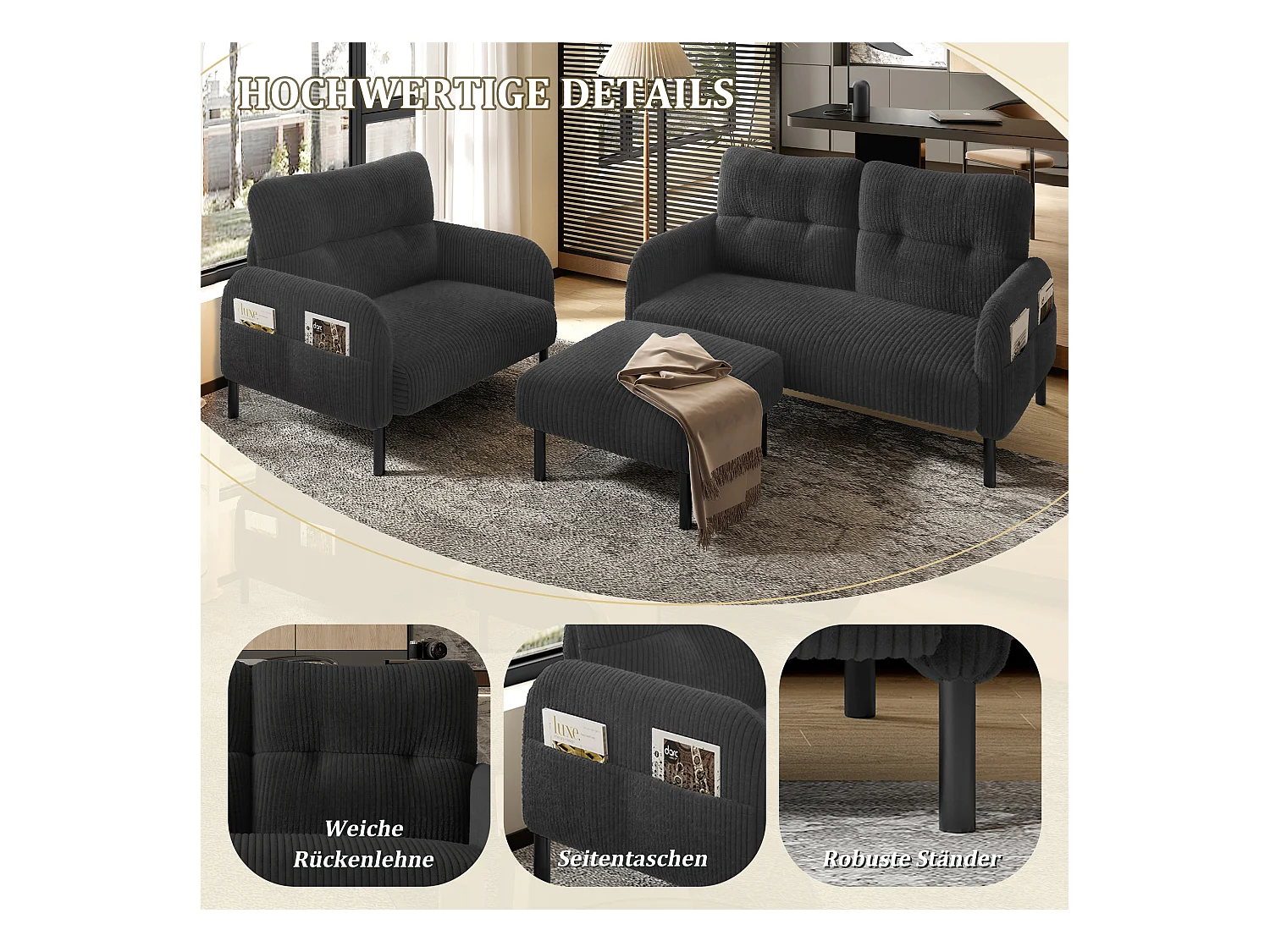 Ensemble Canapé 3 places - 120 x 75 x 79 cm - avec repose-pieds + canapé 2 places + fauteuil - Velours - gris