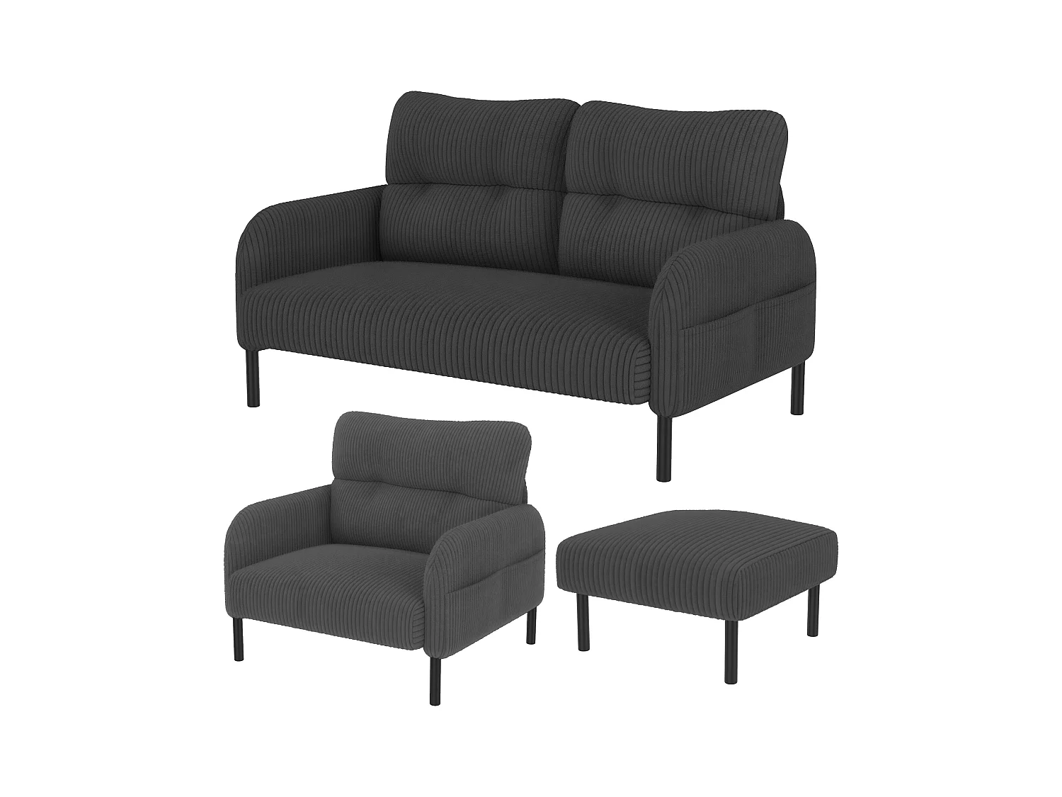 Ensemble Canapé 3 places - 120 x 75 x 79 cm - avec repose-pieds + canapé 2 places + fauteuil - Velours - gris