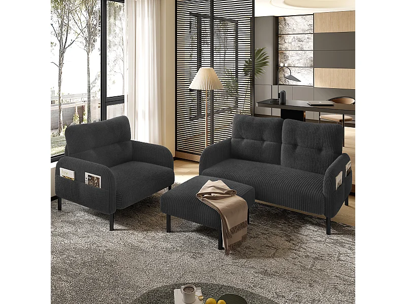 Ensemble Canapé 3 places - 120 x 75 x 79 cm - avec repose-pieds + canapé 2 places + fauteuil - Velours - gris