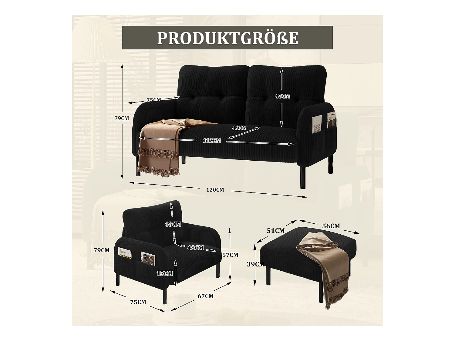 Ensemble Canapé 3 places - 120 x 75 x 79 cm - avec repose-pieds + canapé 2 places + fauteuil - Velours - noir