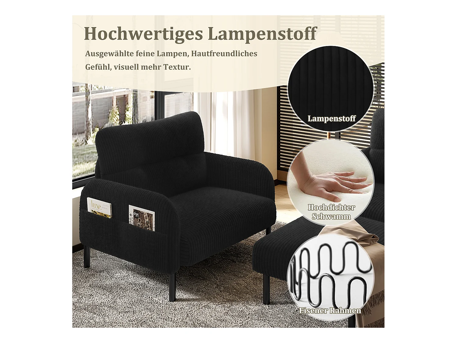 Ensemble Canapé 3 places - 120 x 75 x 79 cm - avec repose-pieds + canapé 2 places + fauteuil - Velours - noir