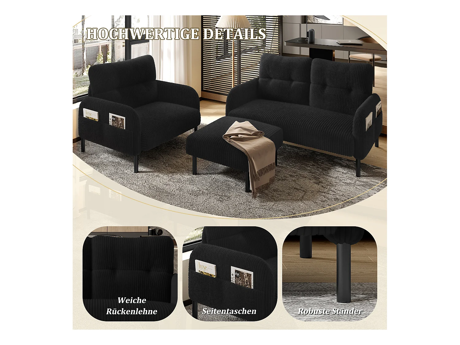 Ensemble Canapé 3 places - 120 x 75 x 79 cm - avec repose-pieds + canapé 2 places + fauteuil - Velours - noir