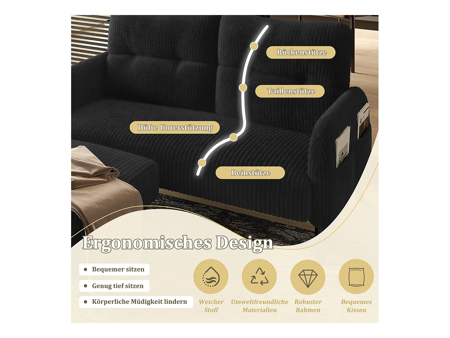 Ensemble Canapé 3 places - 120 x 75 x 79 cm - avec repose-pieds + canapé 2 places + fauteuil - Velours - noir