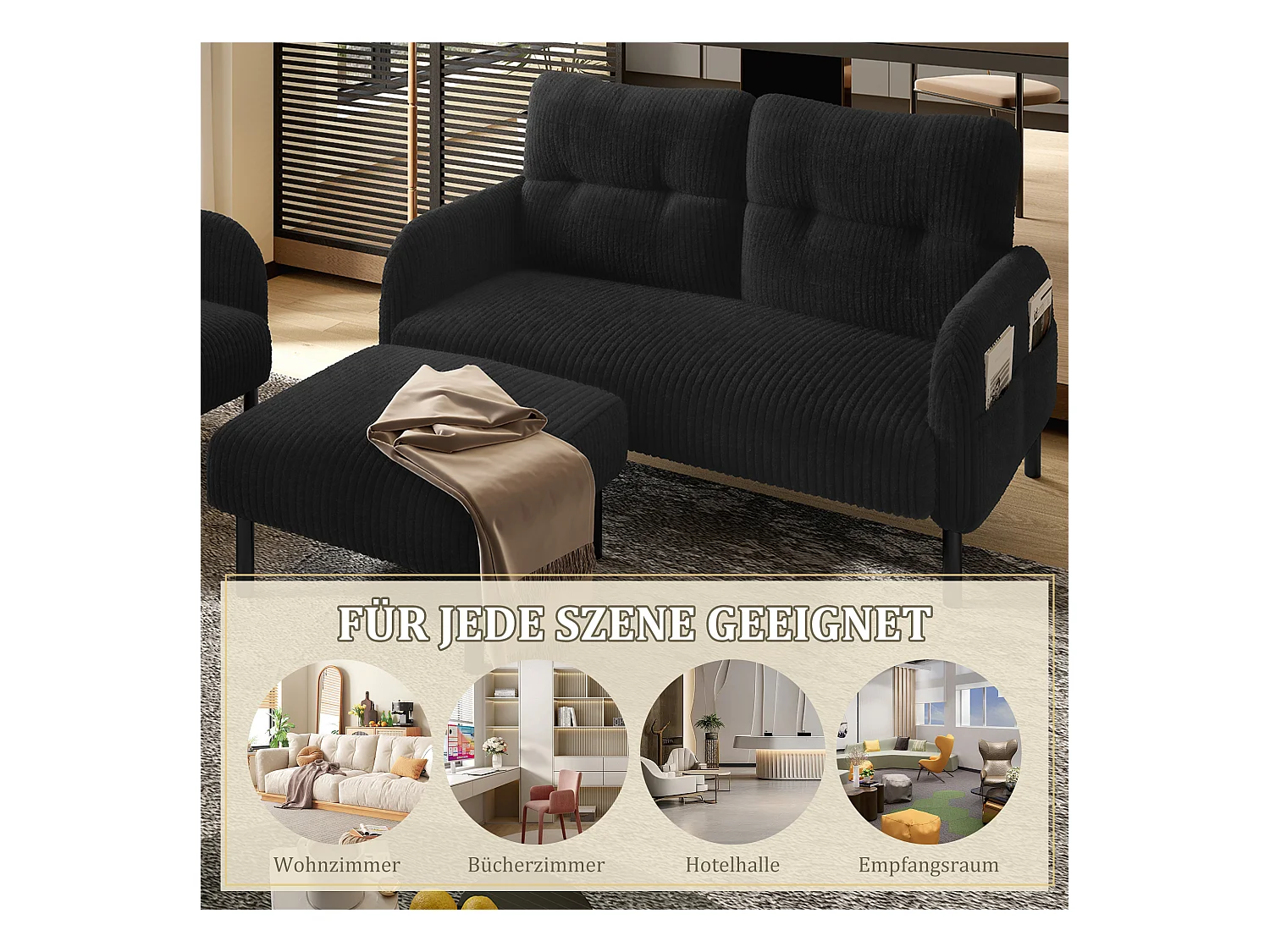 Ensemble Canapé 3 places - 120 x 75 x 79 cm - avec repose-pieds + canapé 2 places + fauteuil - Velours - noir