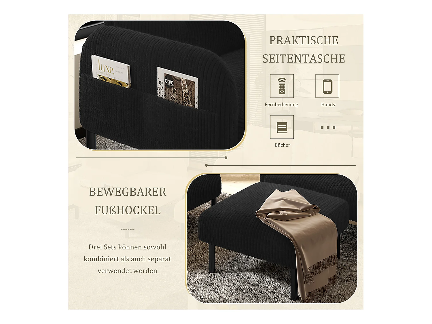 Ensemble Canapé 3 places - 120 x 75 x 79 cm - avec repose-pieds + canapé 2 places + fauteuil - Velours - noir