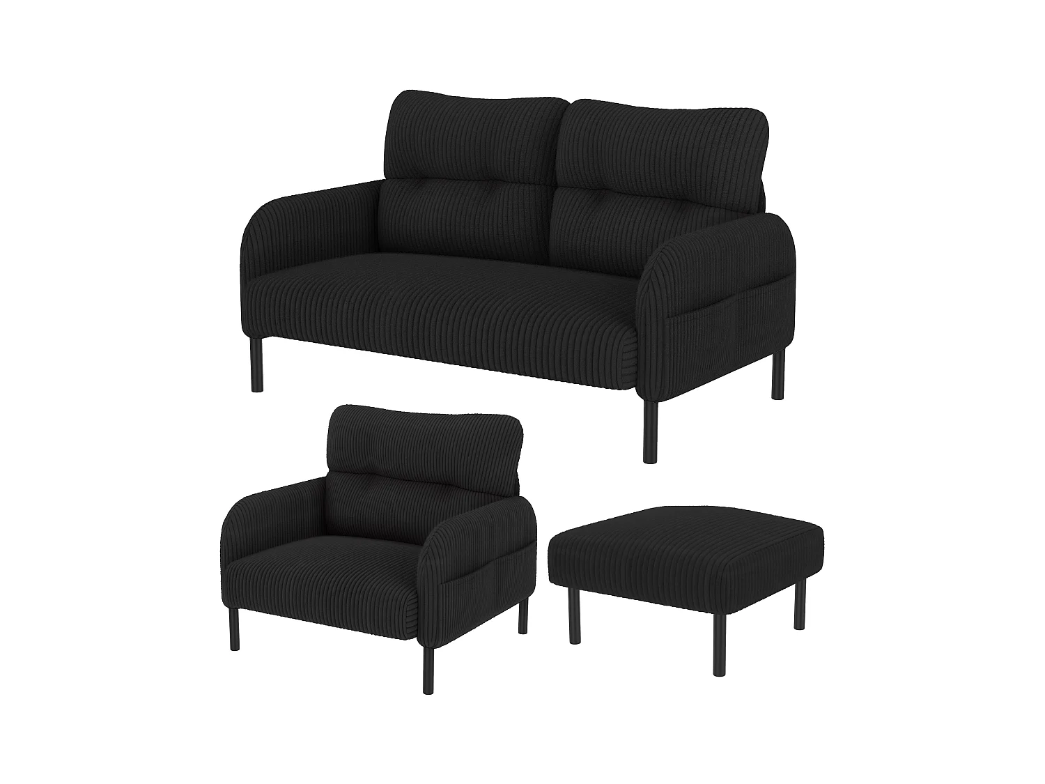 Ensemble Canapé 3 places - 120 x 75 x 79 cm - avec repose-pieds + canapé 2 places + fauteuil - Velours - noir