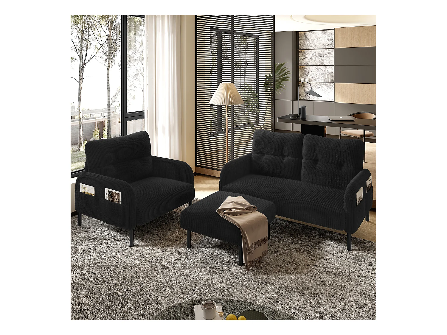 3-zits bankstel - 120 x 75 x 79 cm - met voetenbank + 2-zitsbank + fauteuil - Fluweel - zwart
