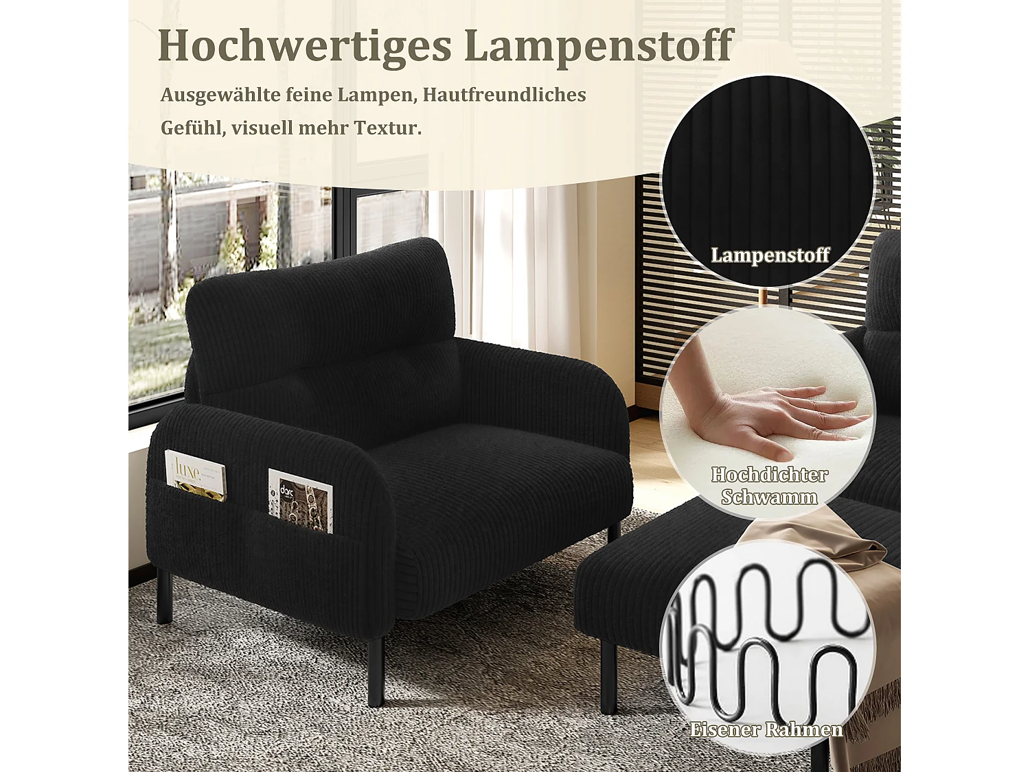 Ensemble Canapé 3 places - 120 x 75 x 79 cm - avec repose-pieds + canapé 2 places + fauteuil - Velours - noir