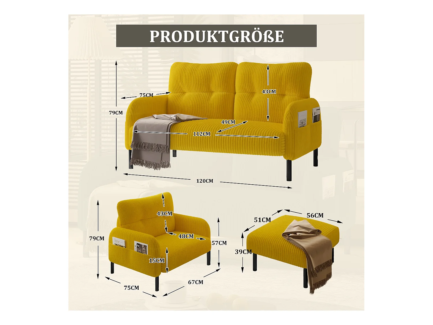 Ensemble Canapé 3 places - 120 x 75 x 79 cm - avec repose-pieds + canapé 2 places + fauteuil - Velours - jaune