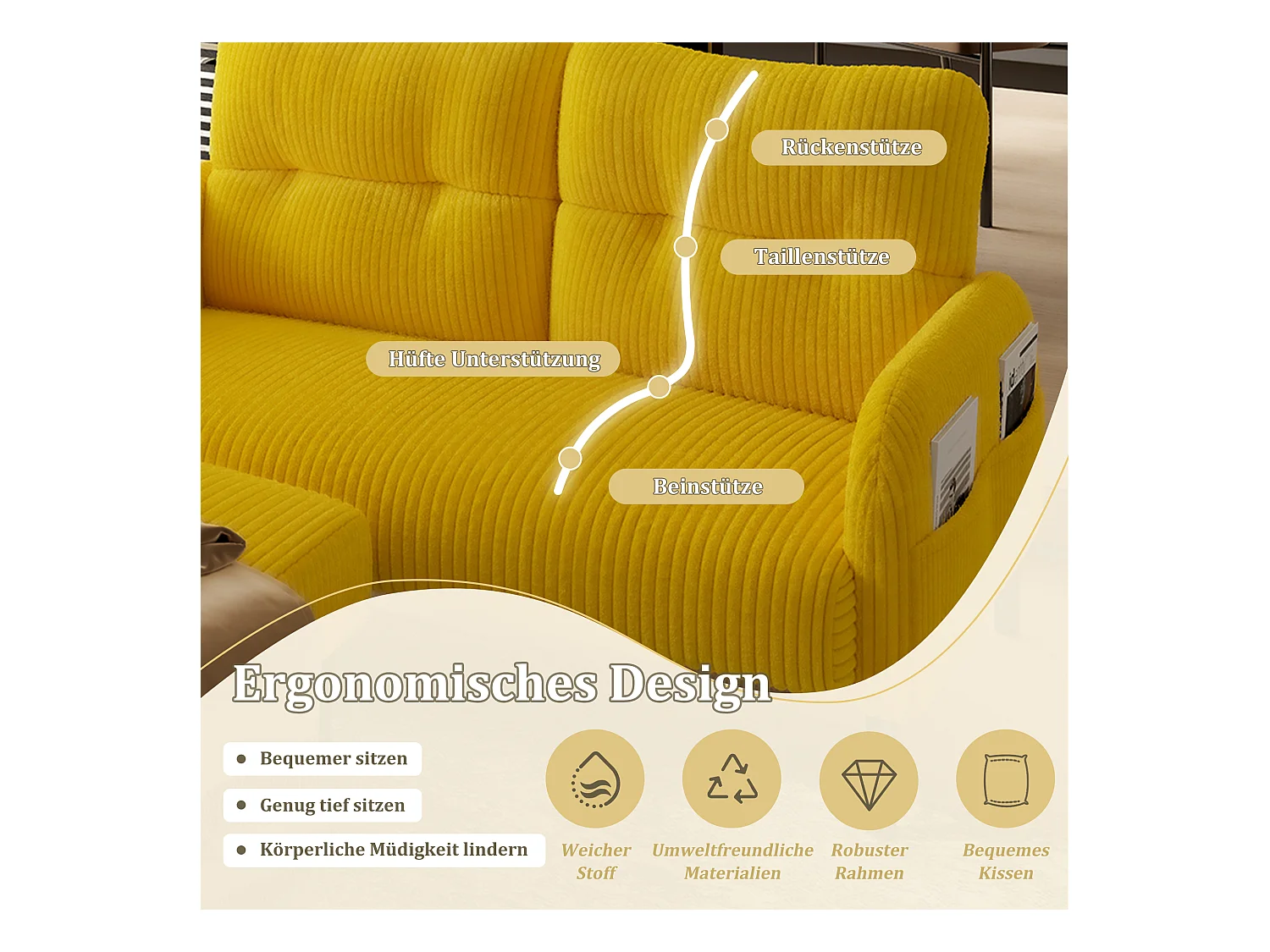 Ensemble Canapé 3 places - 120 x 75 x 79 cm - avec repose-pieds + canapé 2 places + fauteuil - Velours - jaune