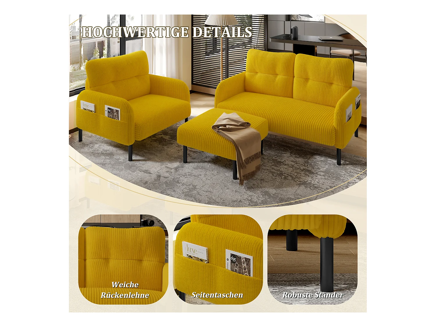 Ensemble Canapé 3 places - 120 x 75 x 79 cm - avec repose-pieds + canapé 2 places + fauteuil - Velours - jaune