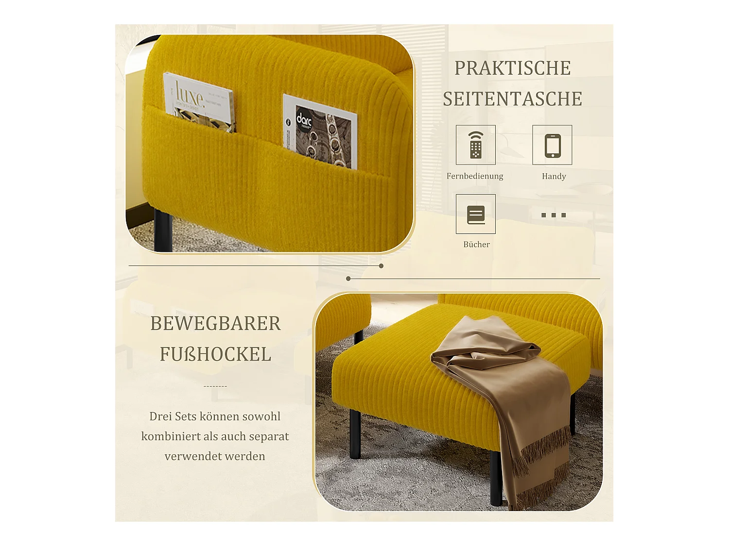 Ensemble Canapé 3 places - 120 x 75 x 79 cm - avec repose-pieds + canapé 2 places + fauteuil - Velours - jaune