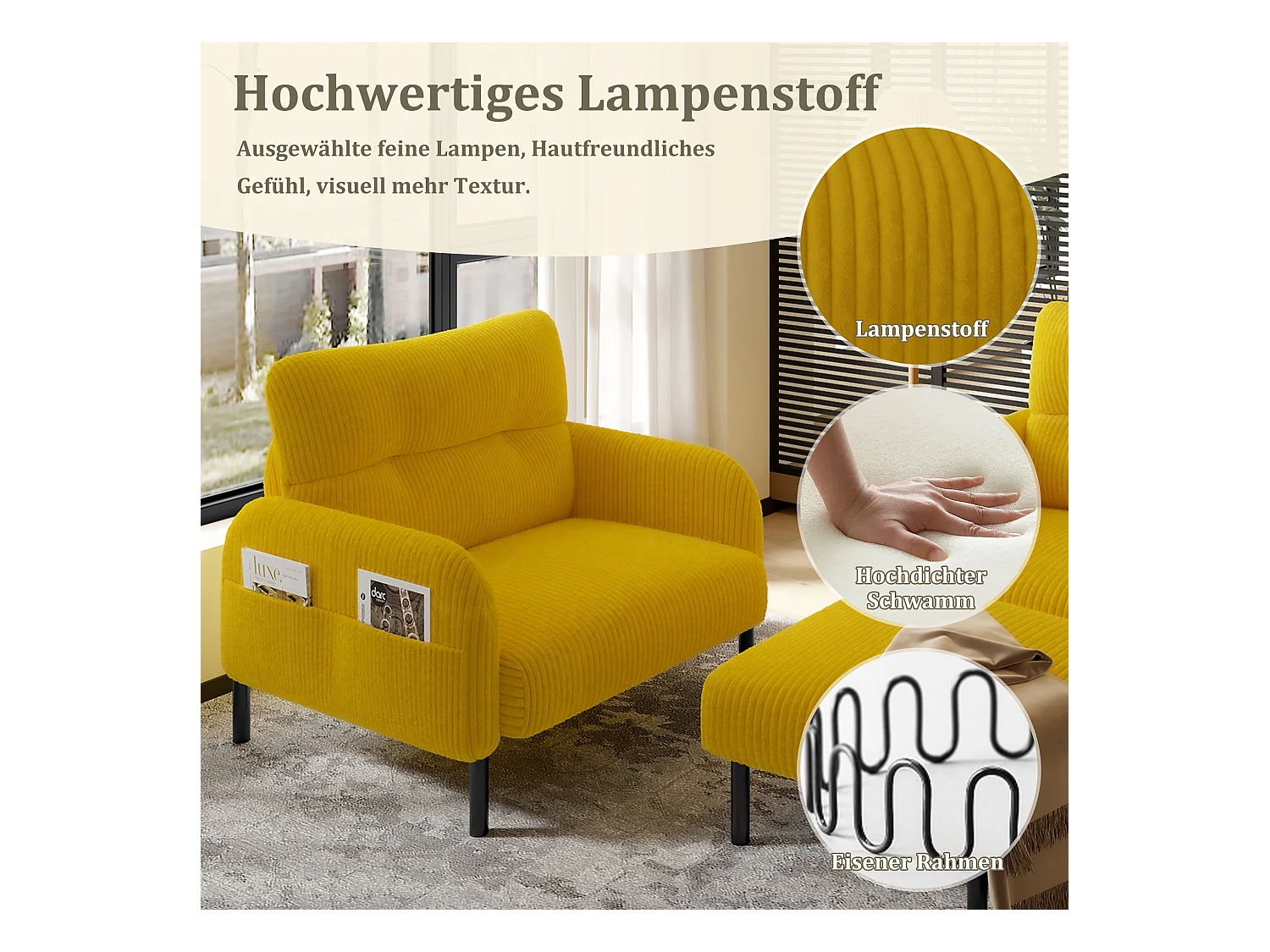 Ensemble Canapé 3 places - 120 x 75 x 79 cm - avec repose-pieds + canapé 2 places + fauteuil - Velours - jaune