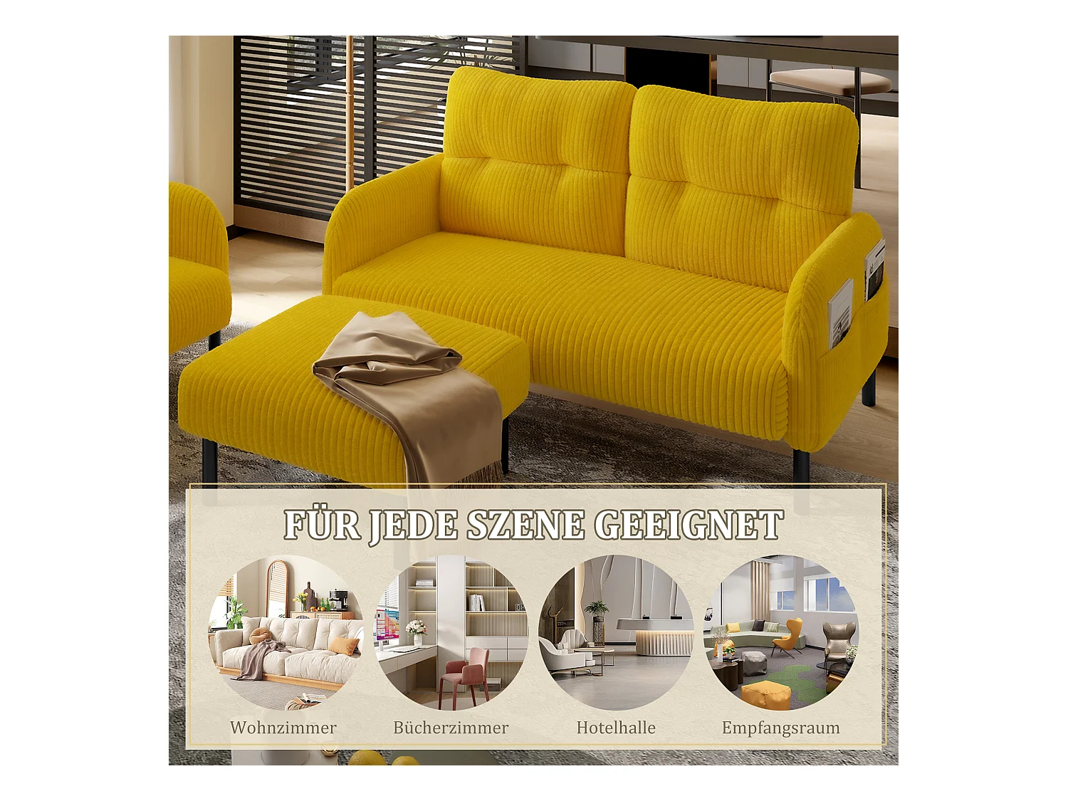 Ensemble Canapé 3 places - 120 x 75 x 79 cm - avec repose-pieds + canapé 2 places + fauteuil - Velours - jaune