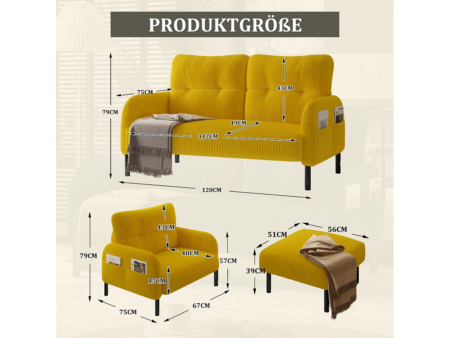 Ensemble Canapé 3 places - 120 x 75 x 79 cm - avec repose-pieds + canapé 2 places + fauteuil - Velours - jaune