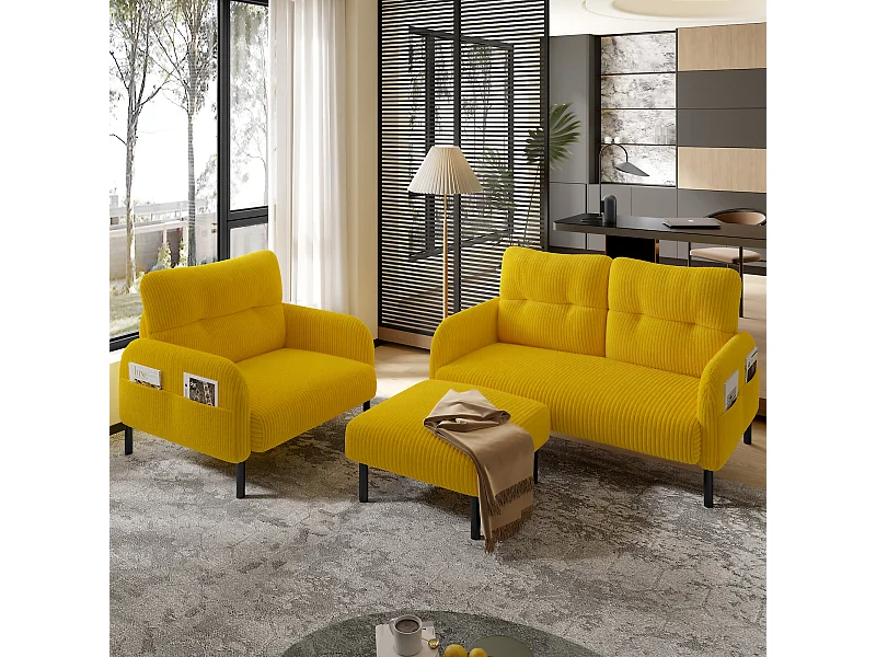 3er-Sofagarnitur - 120 x 75 x 79 cm - mit Fußhocker + 2er-Sofa + Sessel - Samt - gelb
