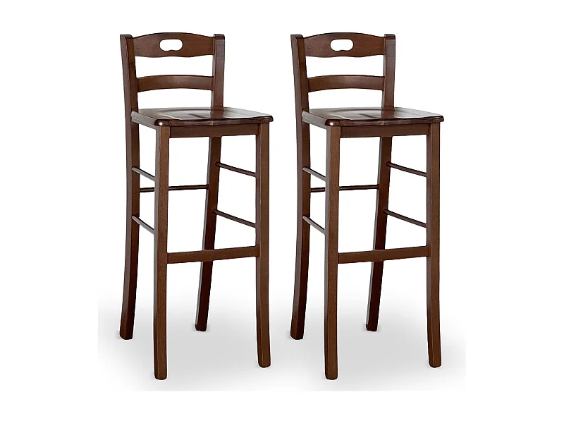 Ensemble de 2 tabourets de bar, hauteur 80 cm, en bois de noyer foncé avec poignée et assise en bois massif.