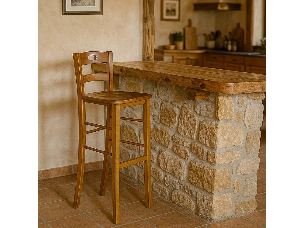 Sgabello snack h 80 cm in legno noce chiaro con manico e seduta in massello